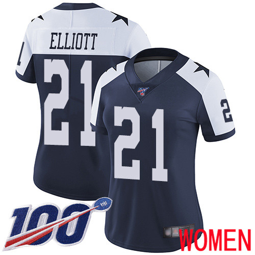 Women Dallas Cowboys Limited Navy Blue Ezekiel Elliott Alternate 21 100th Season Vapor Untouchable Throwback NFL Jersey